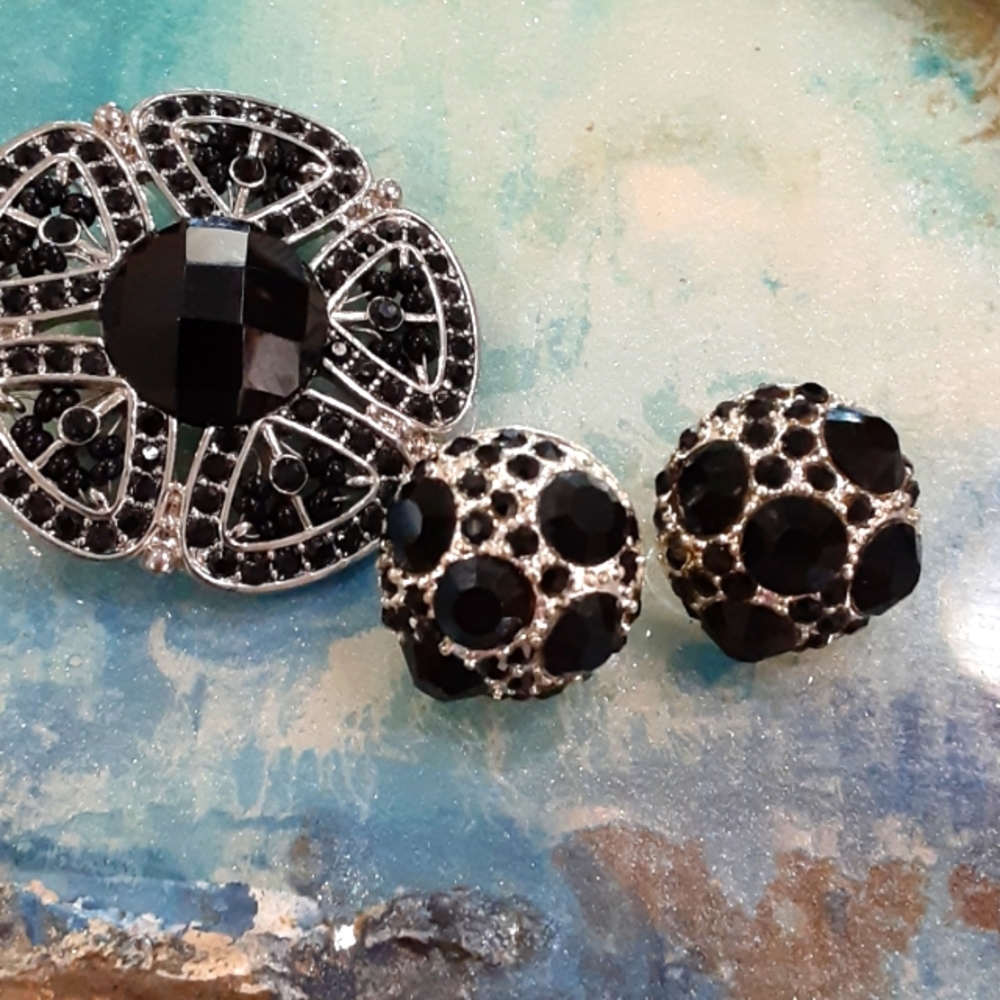 Black& Silver Rhinestone Pierced Earrings And Brooch Set